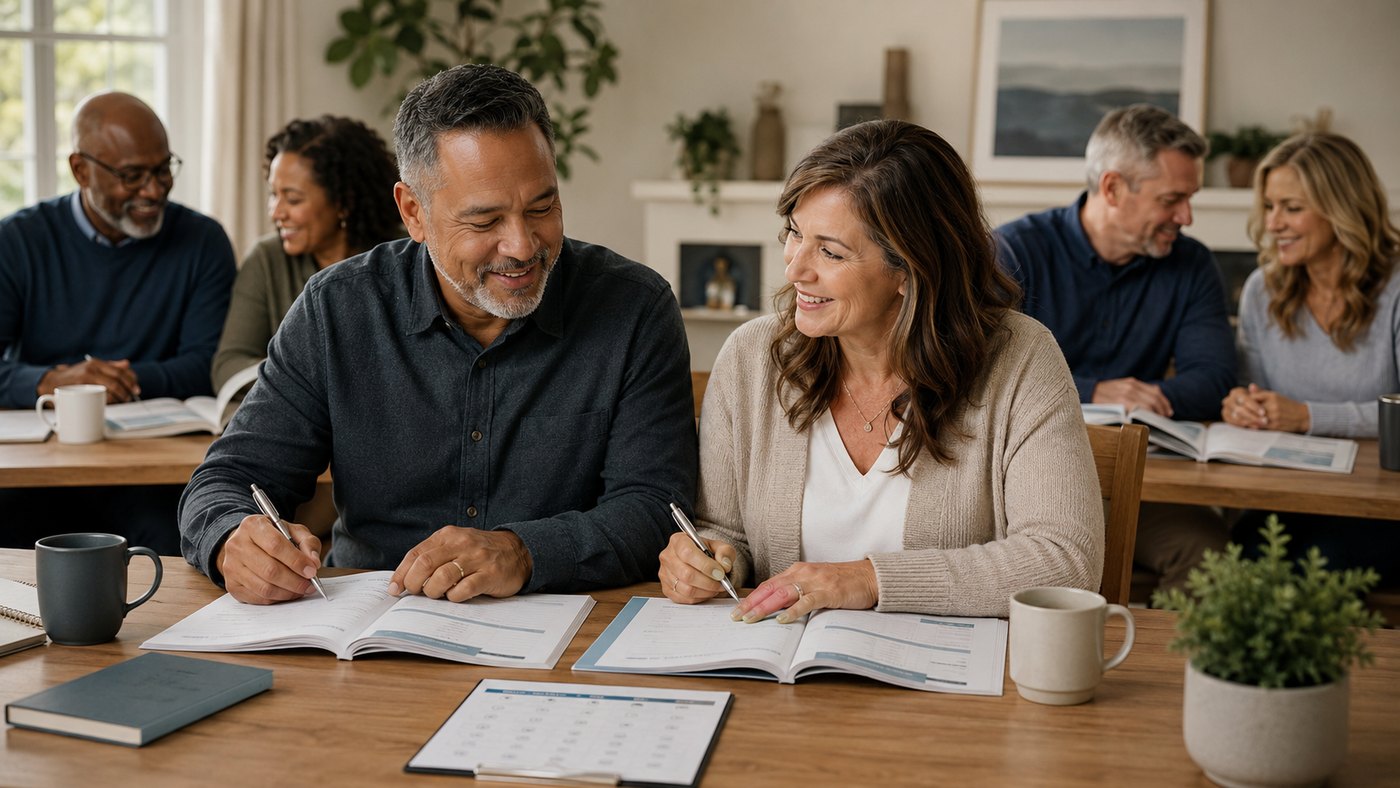 Couples working through the study together around a table in a small group