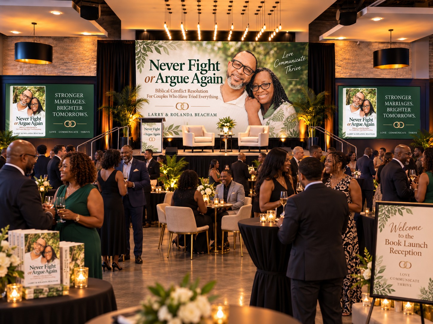 The Never Fight or Argue Again book launch reception at Grace Family Church, with guests mingling before the stage